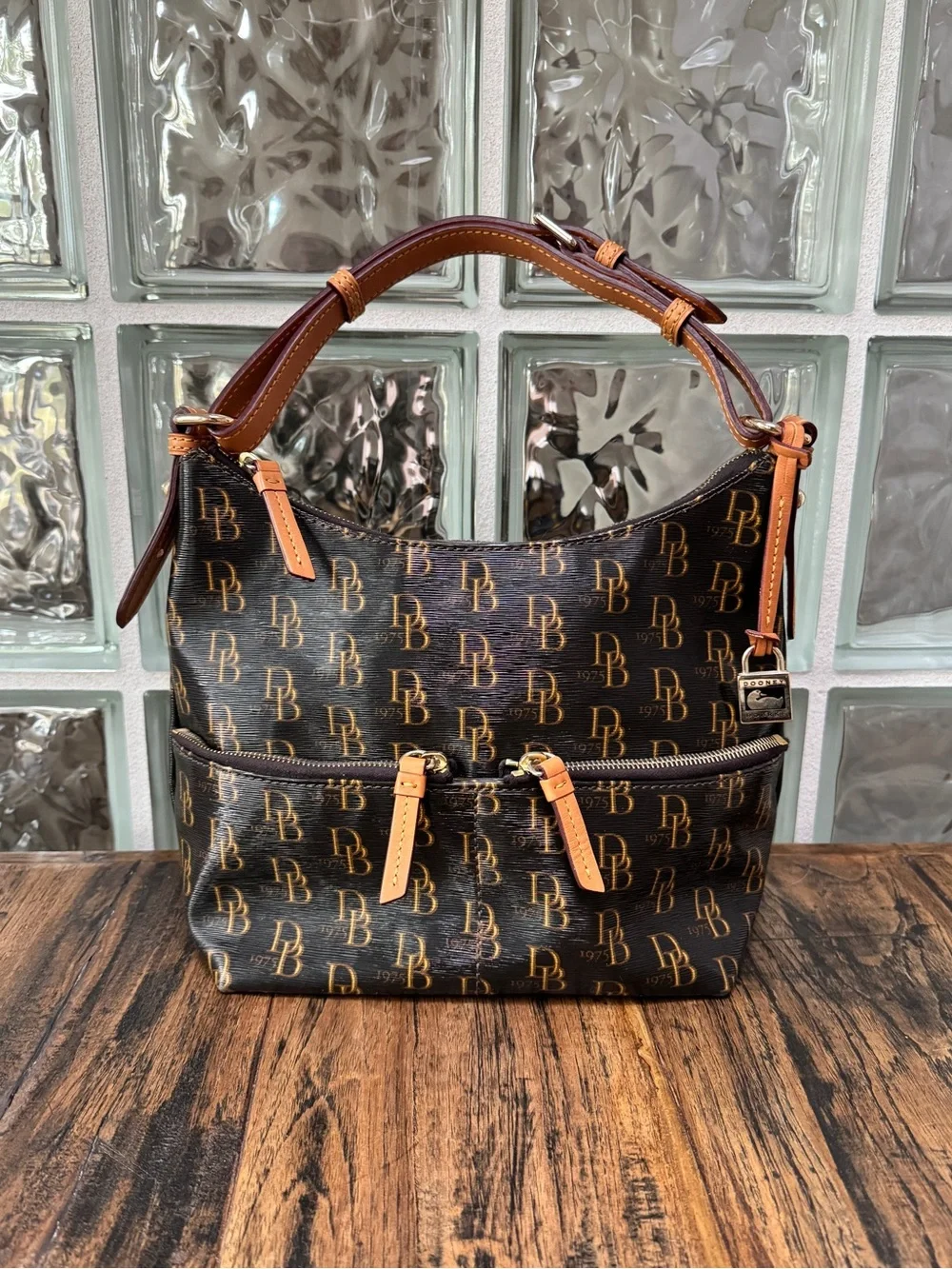 Dooney & Bourke Collins 1975 Black Monogram Signature Hobo Shoulder Bag Tan Trim